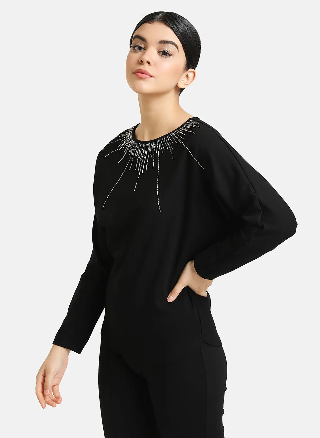 Neck Embellished Batwing Pullover