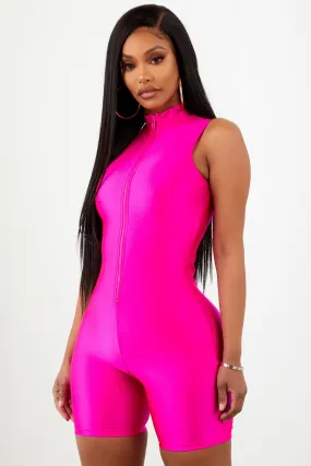 Neon Pink Athletic Zip Up Unitard