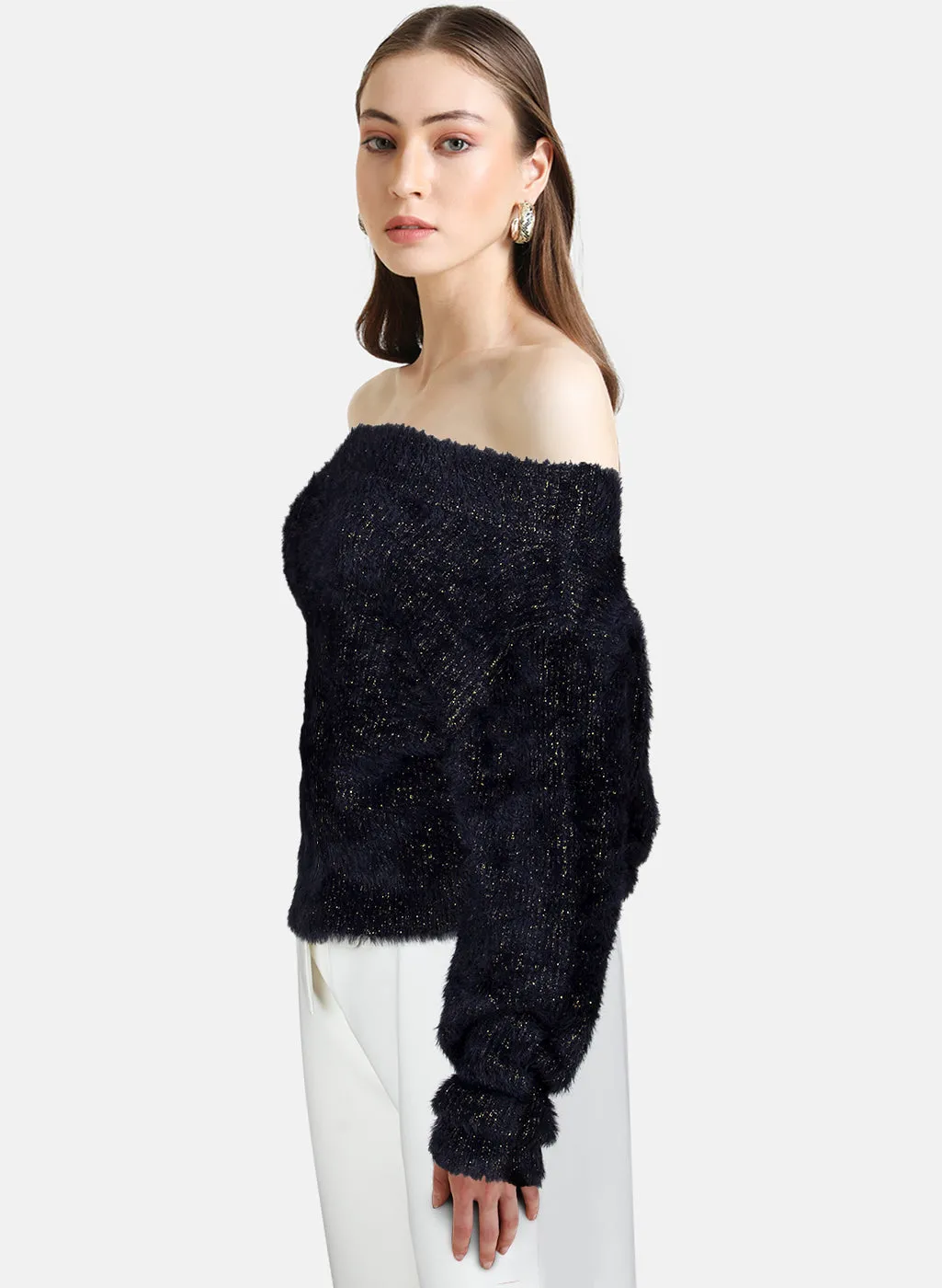 Off Shoulder Lurex Knit Pullover