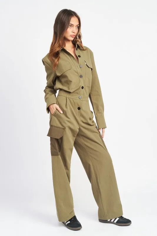 Olive Colored Button Down Cargo Jumpsuit