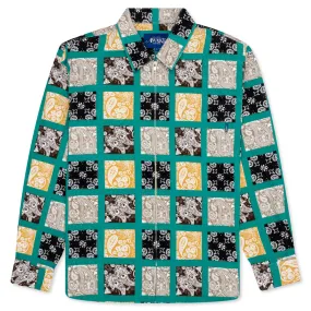 Paisley Printed Corduroy Zip-Up Shirt - Teal/Multi