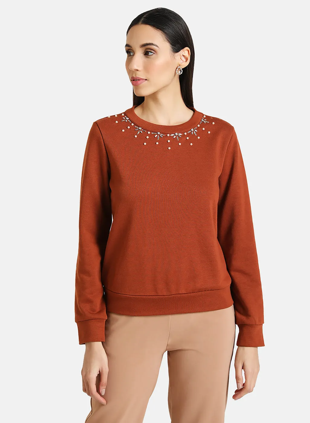 Pearl Neck Embellished Pullover