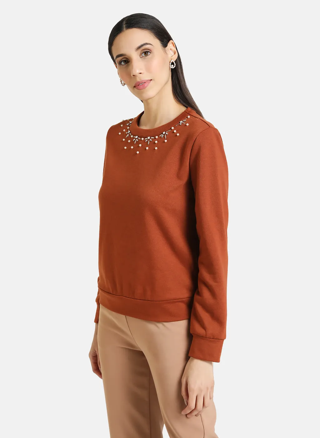 Pearl Neck Embellished Pullover