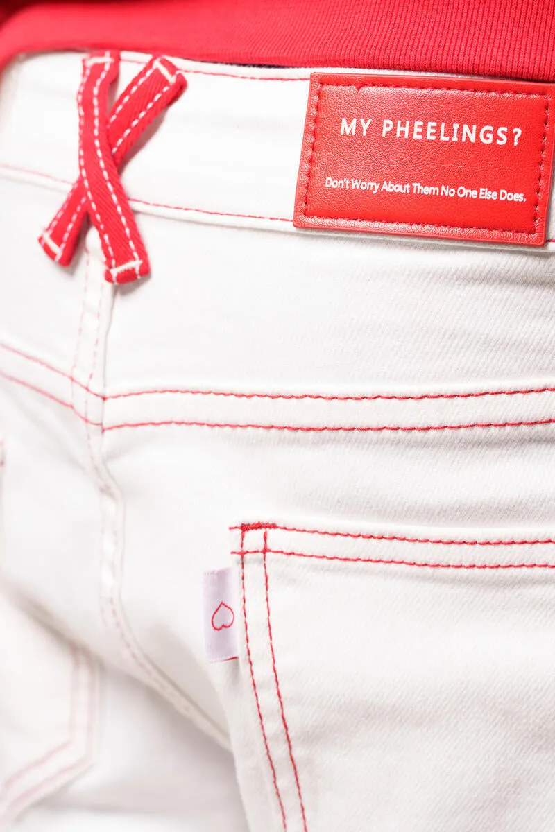 Pheelings HEART BREAK OF SUCCESS FLARE STACK DENIM (WHITE/RED)