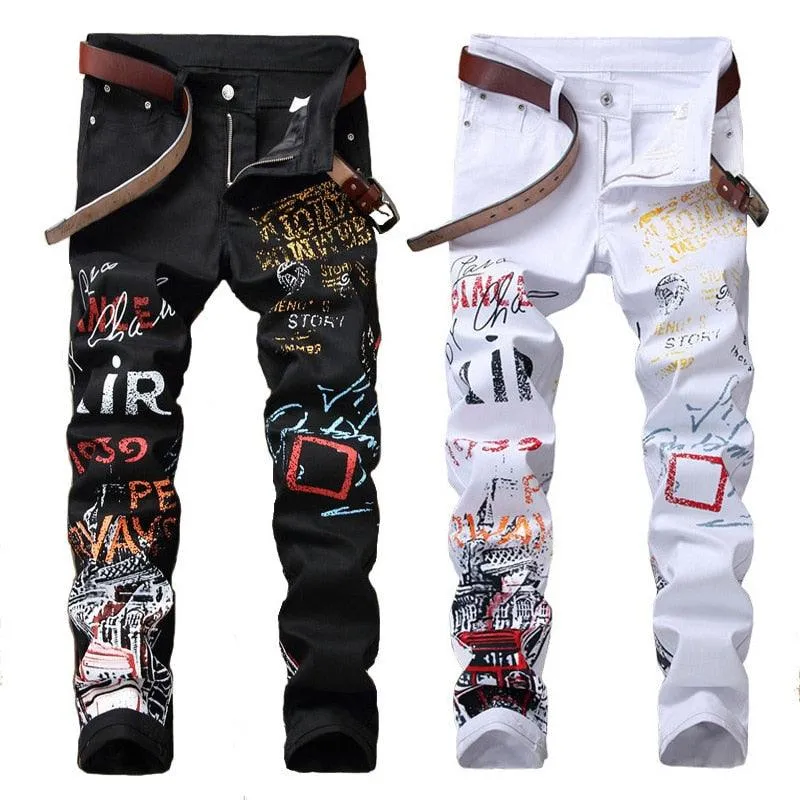 Punk Skinny Denim Jeans with Printed Design