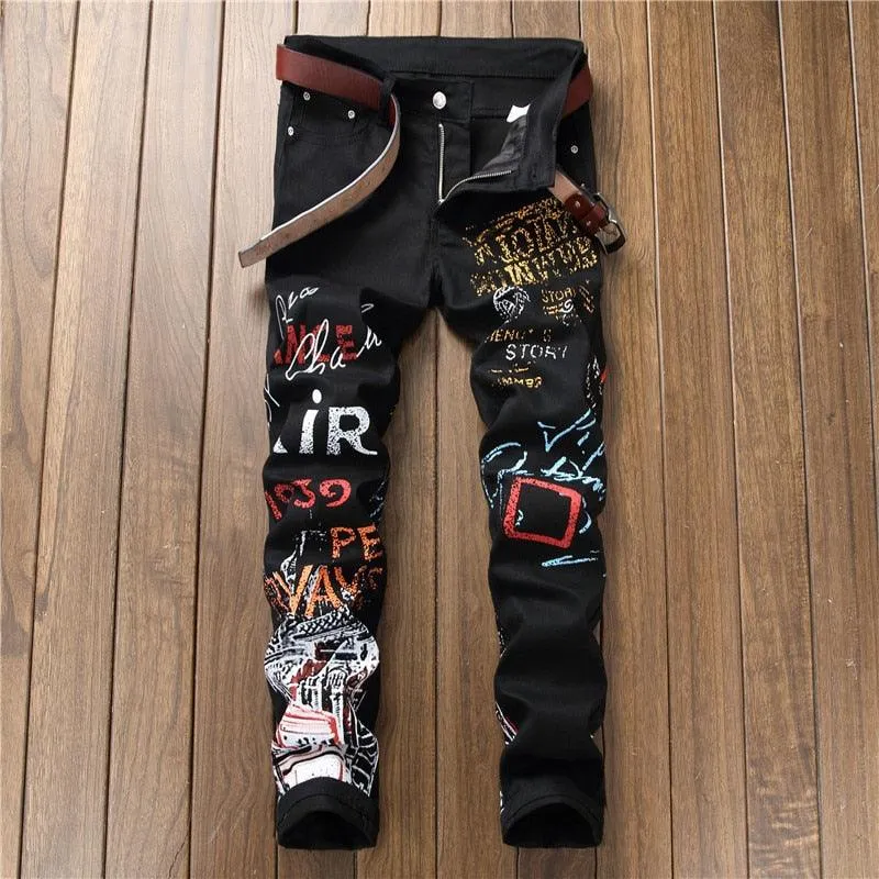 Punk Skinny Denim Jeans with Printed Design