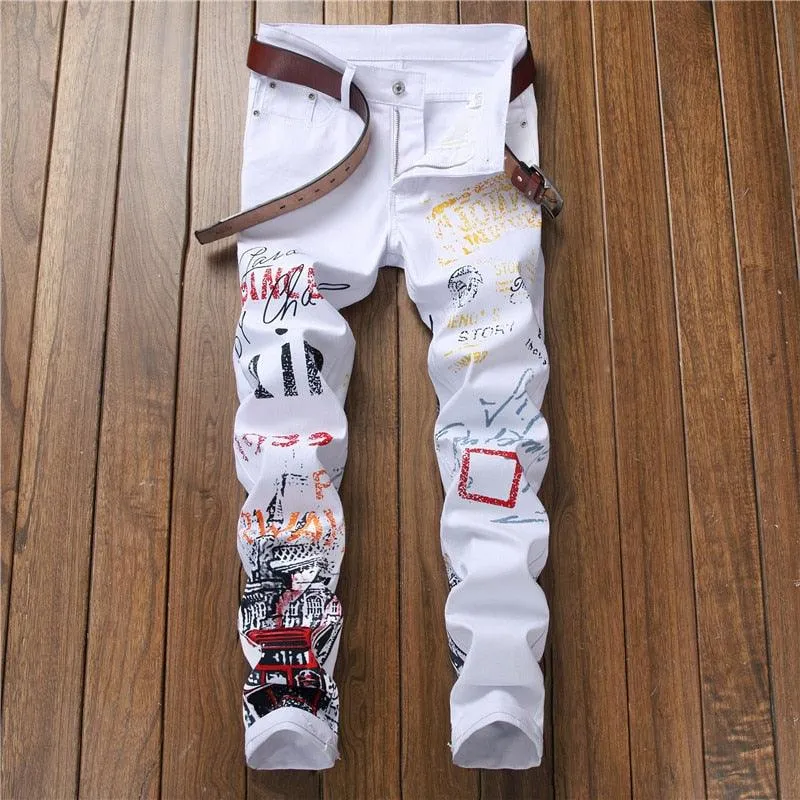 Punk Skinny Denim Jeans with Printed Design