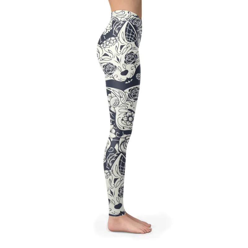 Sugar Skull Leggings Cats B&W