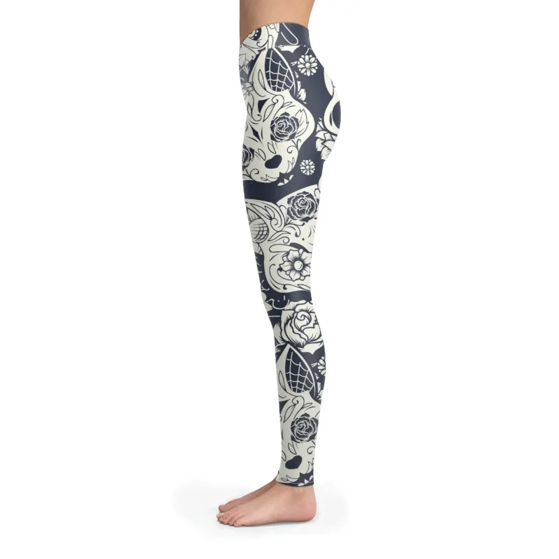 Sugar Skull Leggings Cats B&W