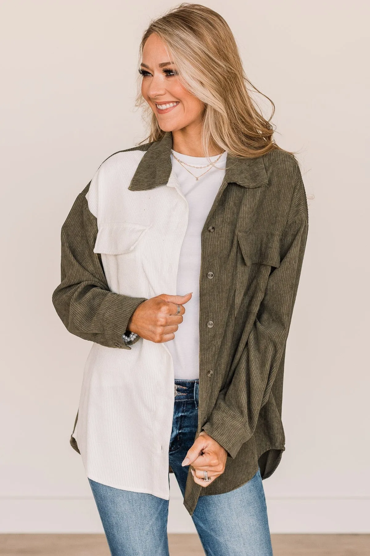 Tell It All Lightweight Corduroy Shacket- Olive & White