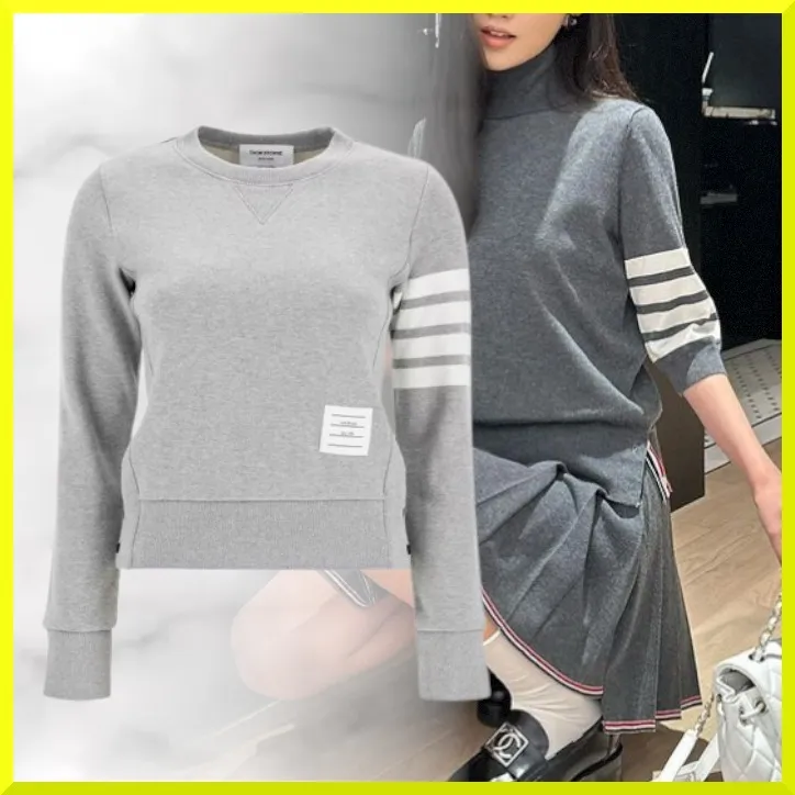 THOM BROWNE  |Crew Neck Stripes Unisex Street Style Long Sleeves Plain