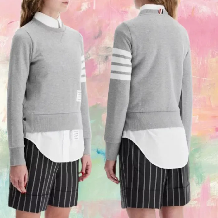 THOM BROWNE  |Crew Neck Stripes Unisex Street Style Long Sleeves Plain