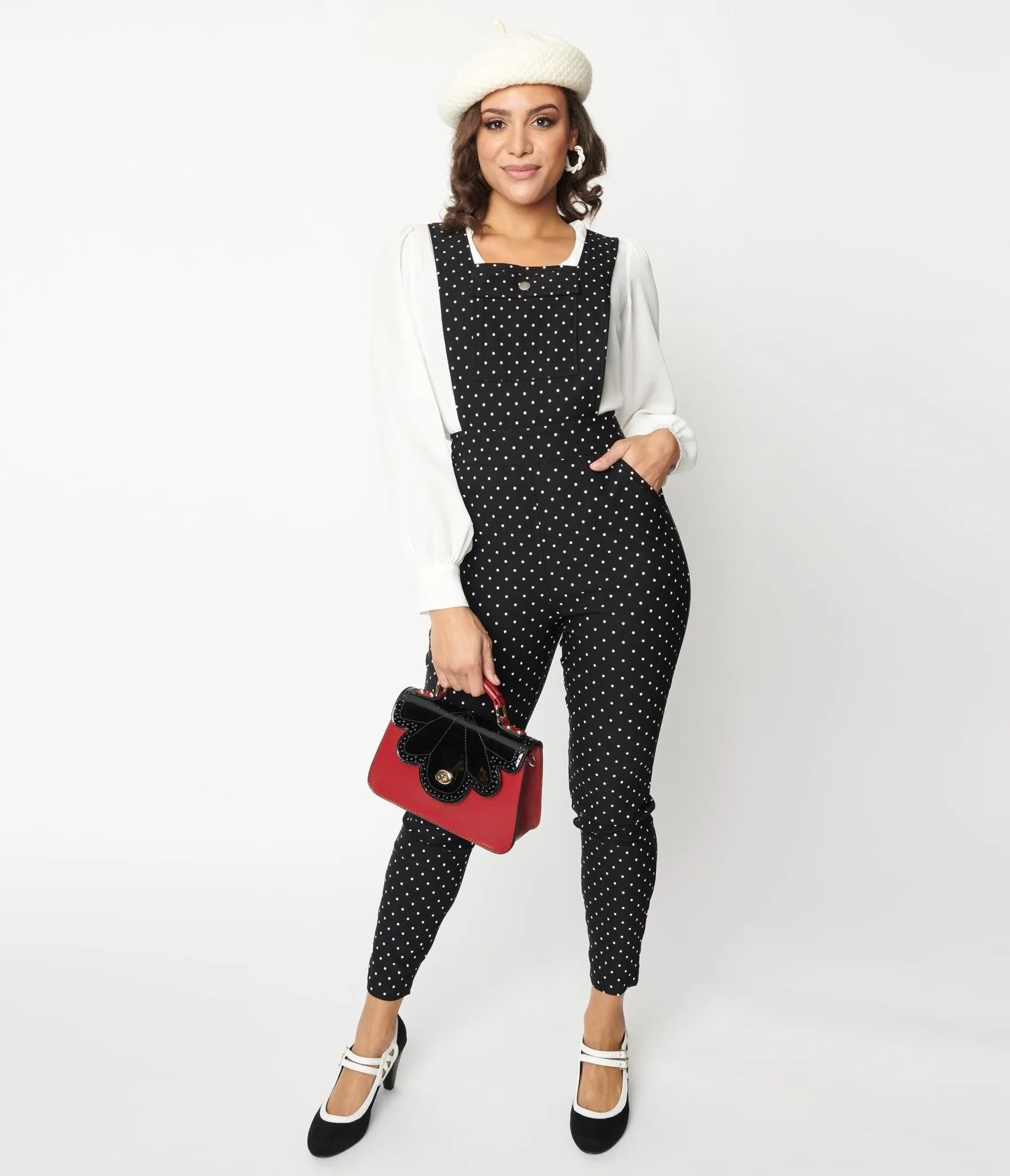 Unique Vintage Black & White Pin Dot Skinny Leg Overalls