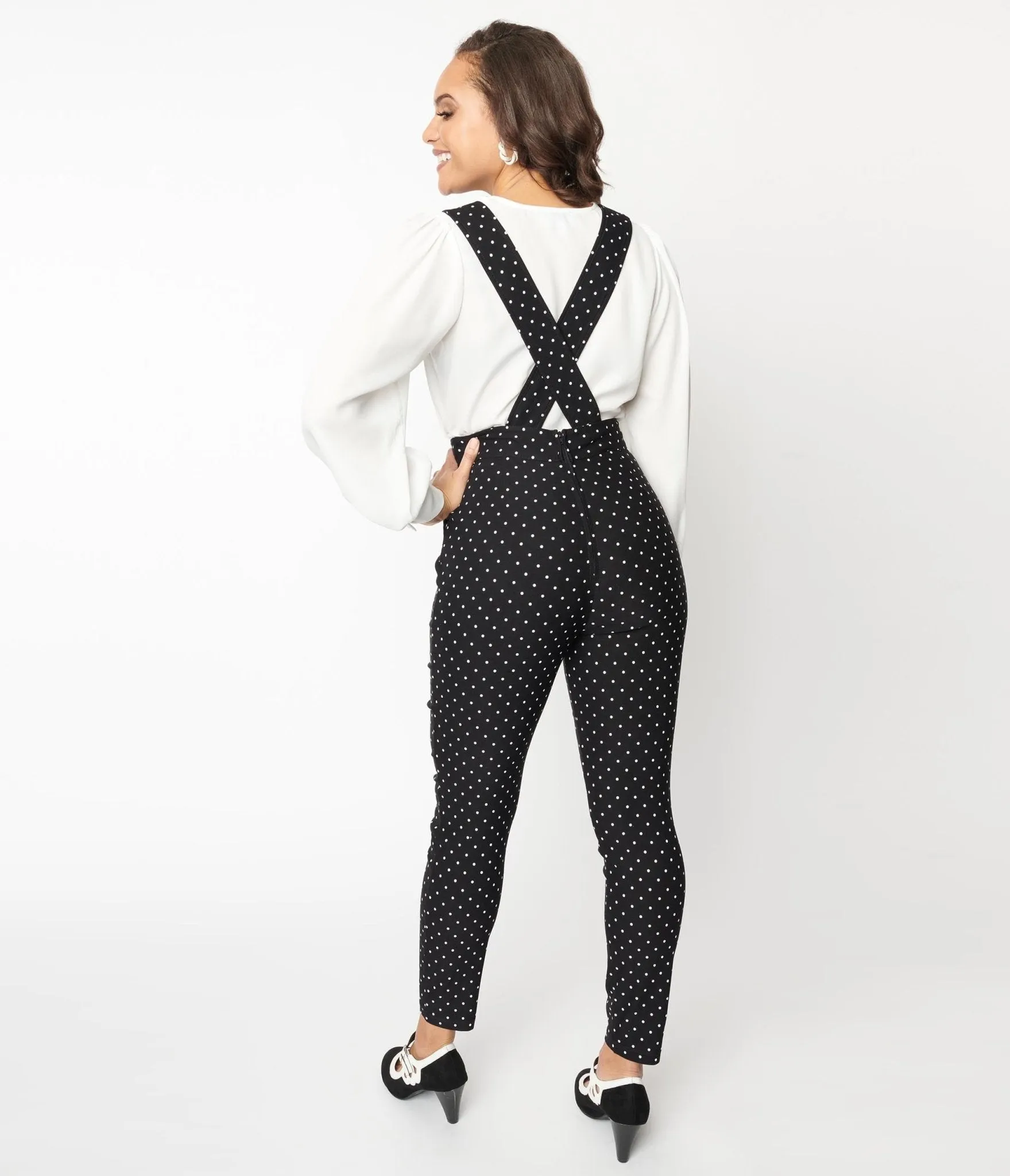 Unique Vintage Black & White Pin Dot Skinny Leg Overalls