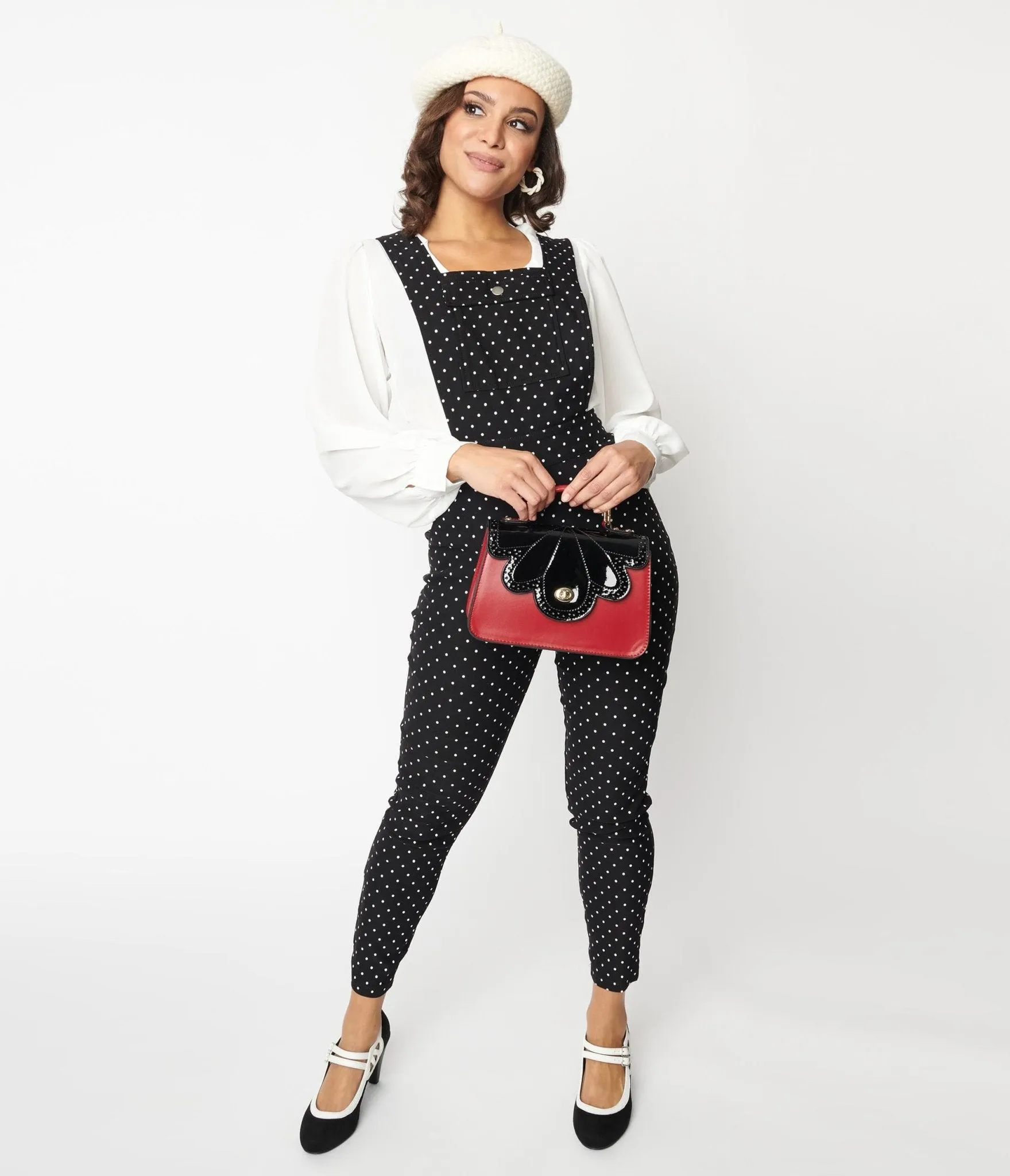 Unique Vintage Black & White Pin Dot Skinny Leg Overalls