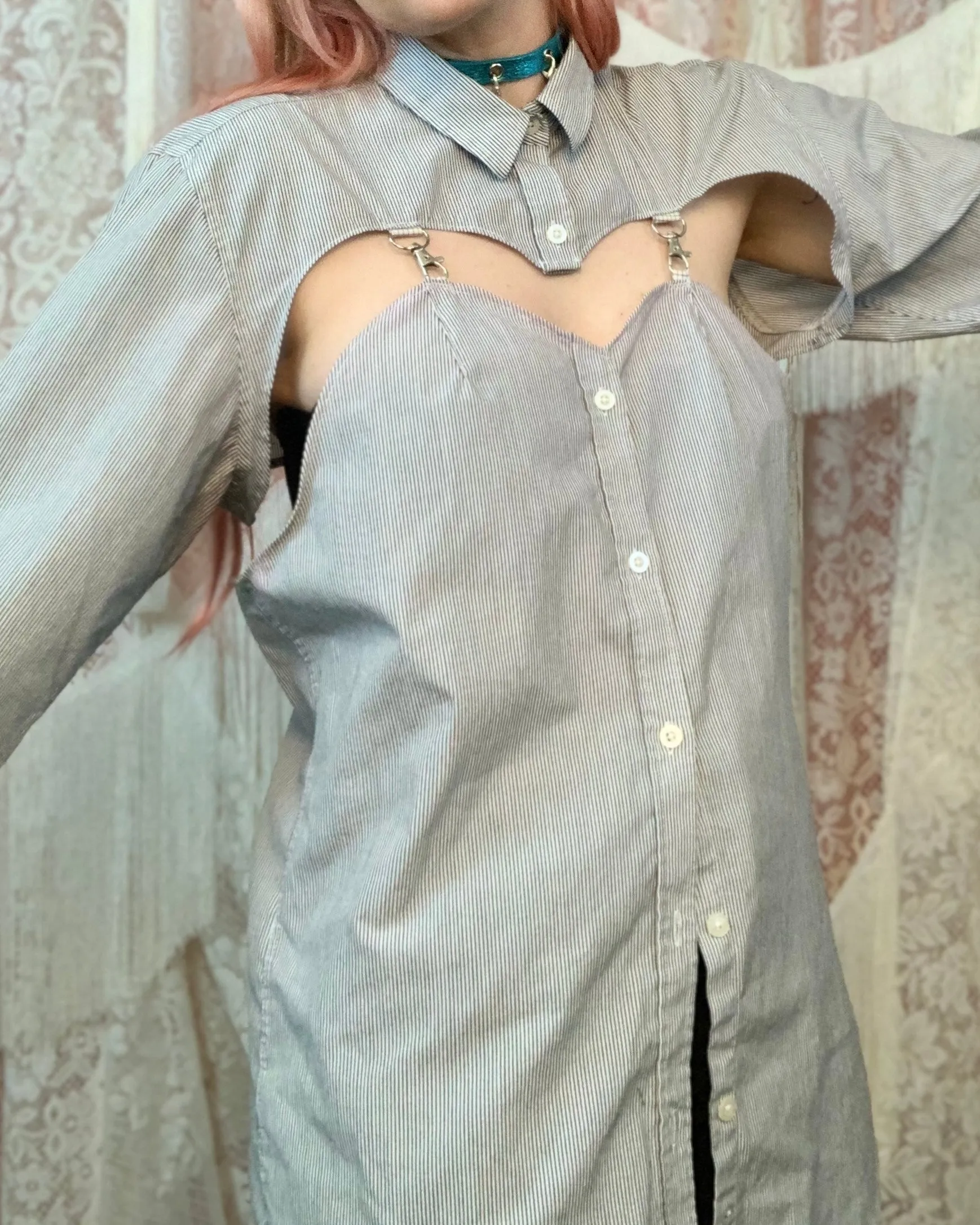 Upcycled heart garter button down sample