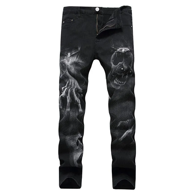 Vintage Slim Fit Men's Jeans with Dark Skull Print - Stretch Cotton Material