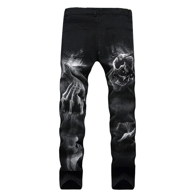 Vintage Slim Fit Men's Jeans with Dark Skull Print - Stretch Cotton Material