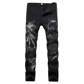 Vintage Slim Fit Men's Jeans with Dark Skull Print - Stretch Cotton Material