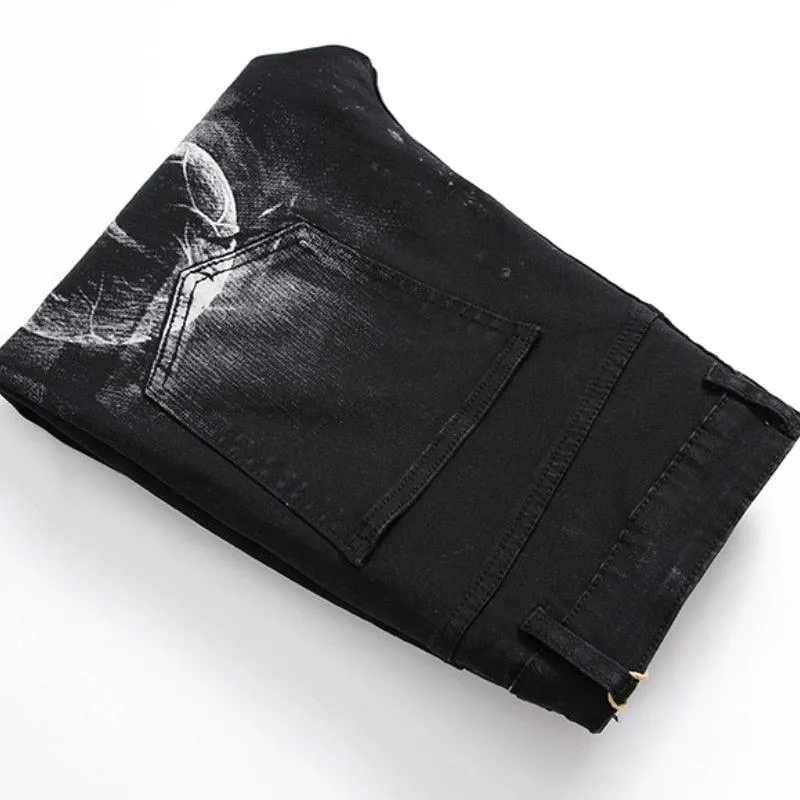 Vintage Slim Fit Men's Jeans with Dark Skull Print - Stretch Cotton Material