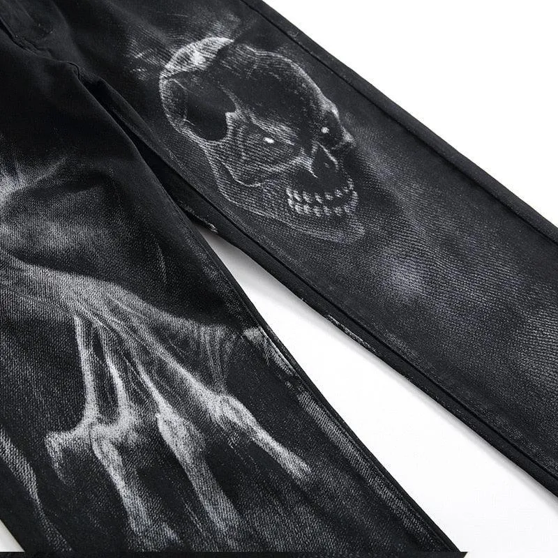 Vintage Slim Fit Men's Jeans with Dark Skull Print - Stretch Cotton Material