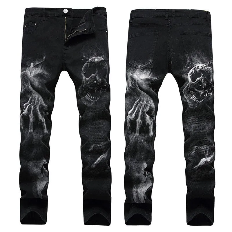 Vintage Slim Fit Men's Jeans with Dark Skull Print - Stretch Cotton Material