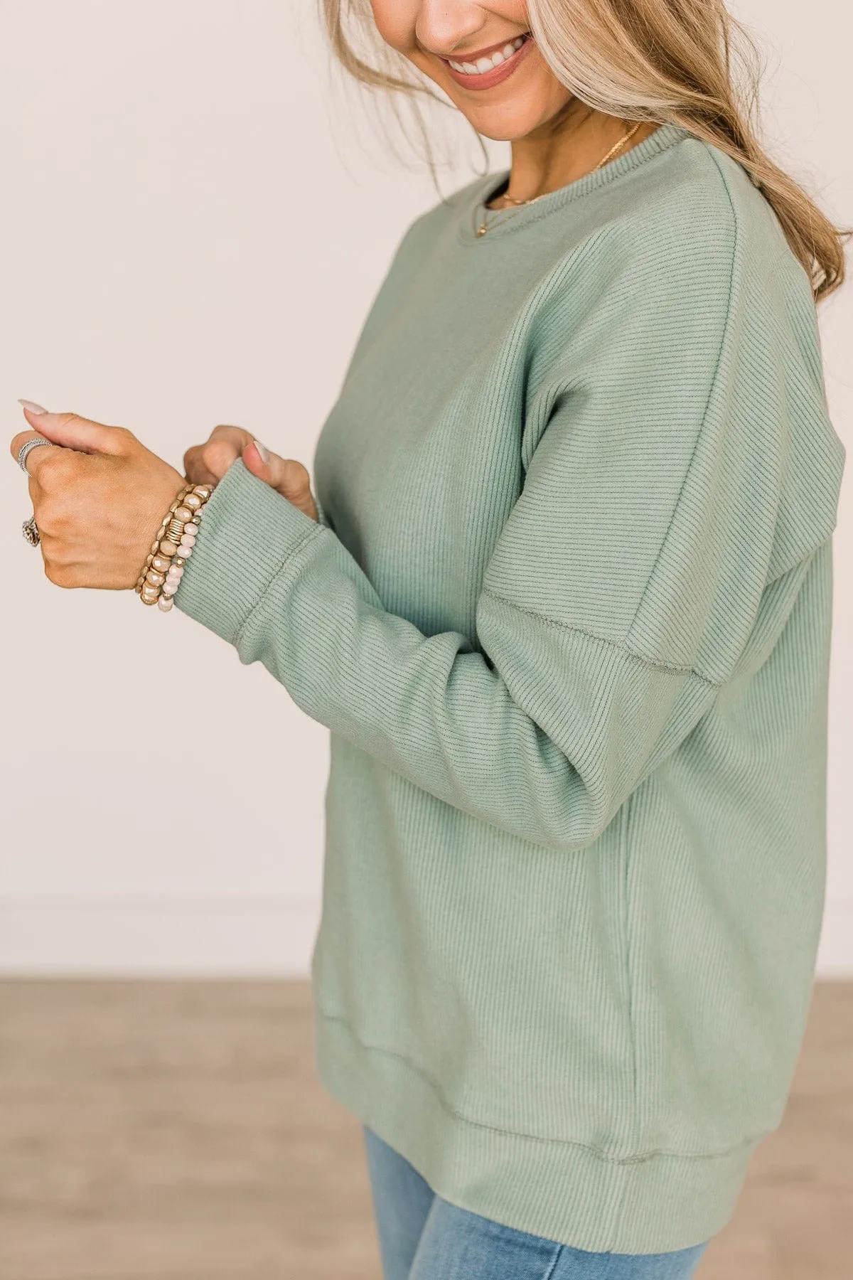 Walk My Way Corduroy Knit Crew Neck- Sage