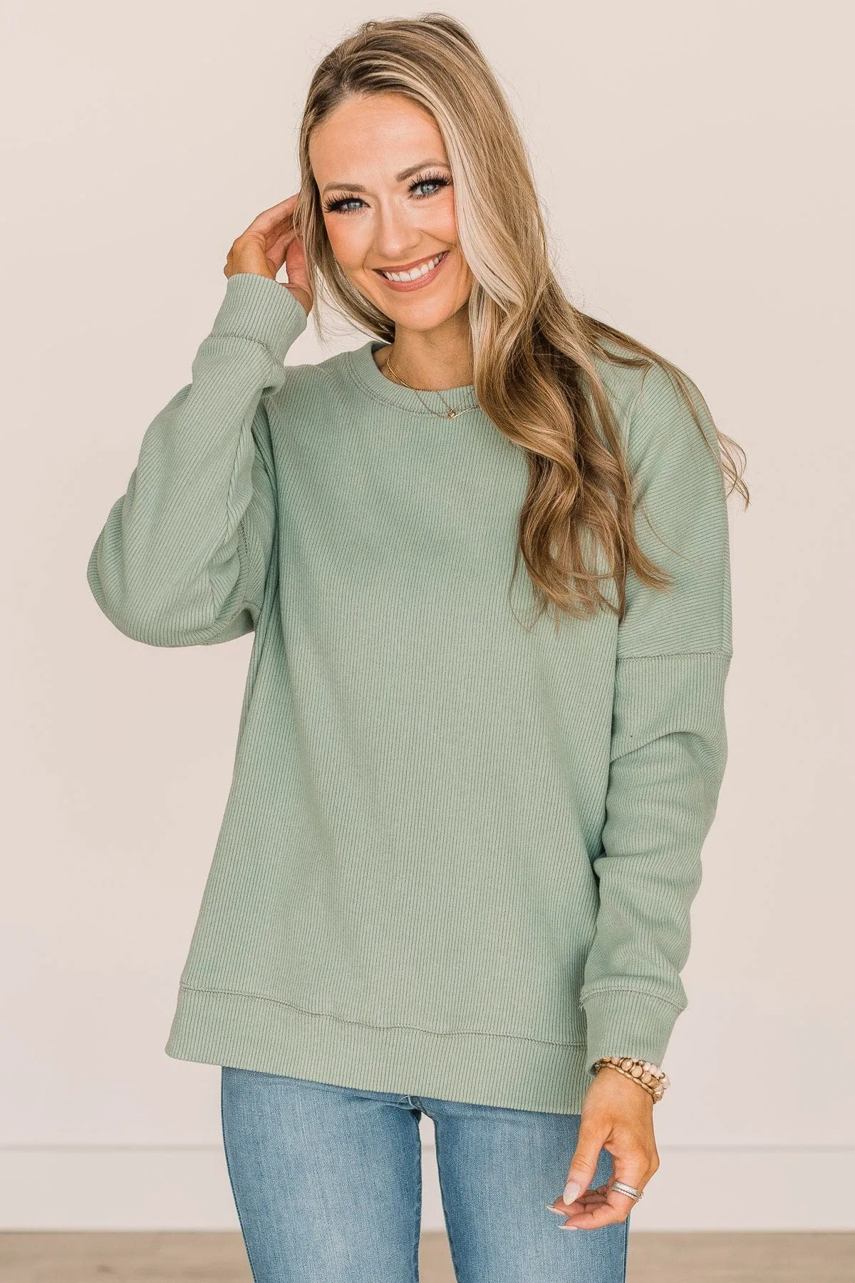 Walk My Way Corduroy Knit Crew Neck- Sage