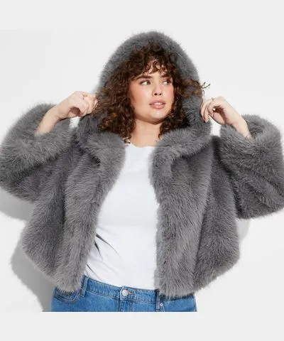 Wild Fable Women's Cropped Hooded Faux Fur Jacket