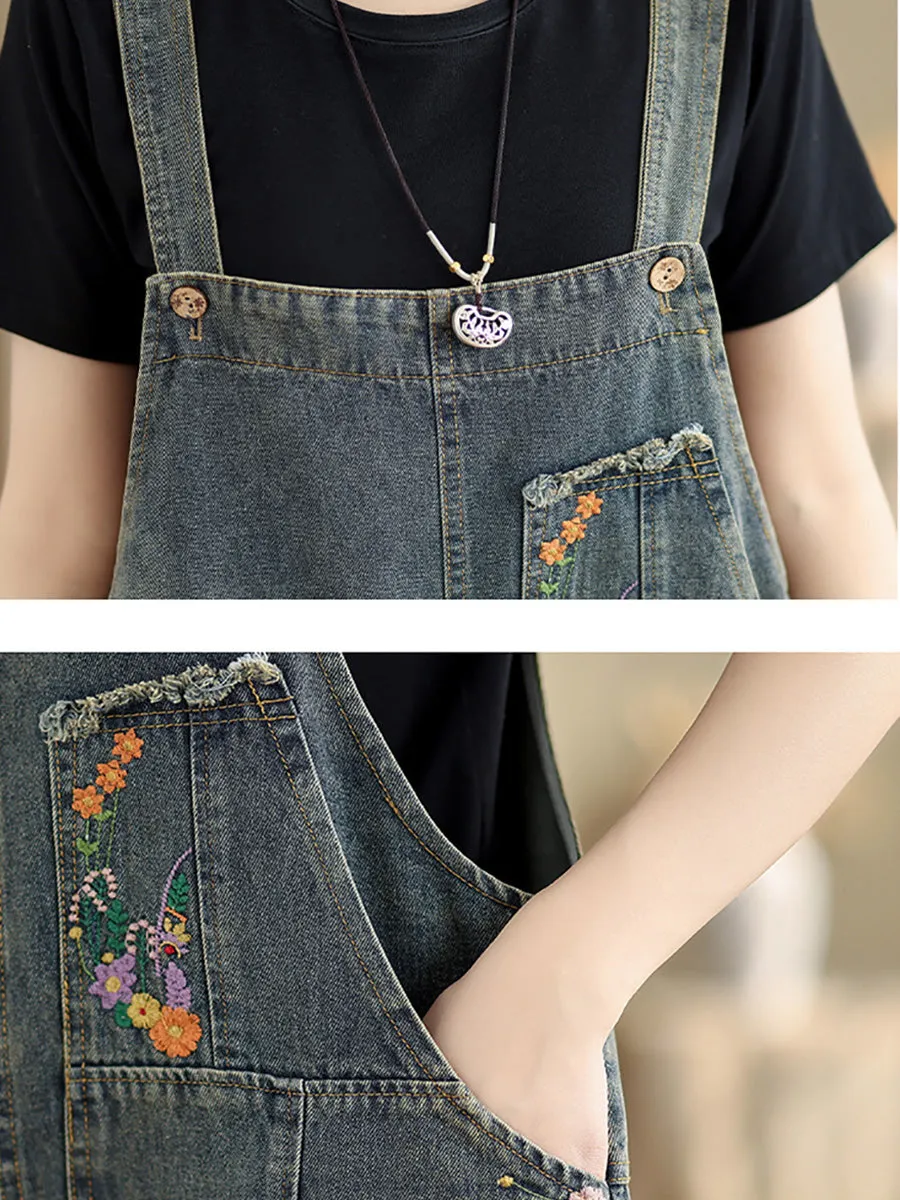 Women Summer Floral Embroidery Denim Jumpusuits PA1004