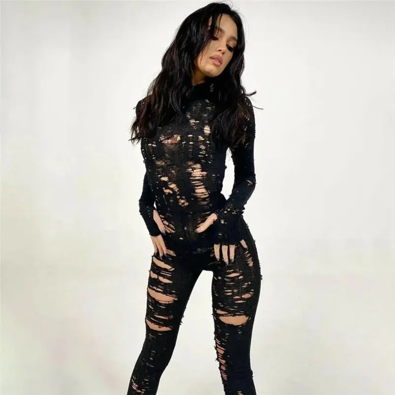 Women's Black Sexy Knitted Hollow Distressed Clubwear Jumpsuit