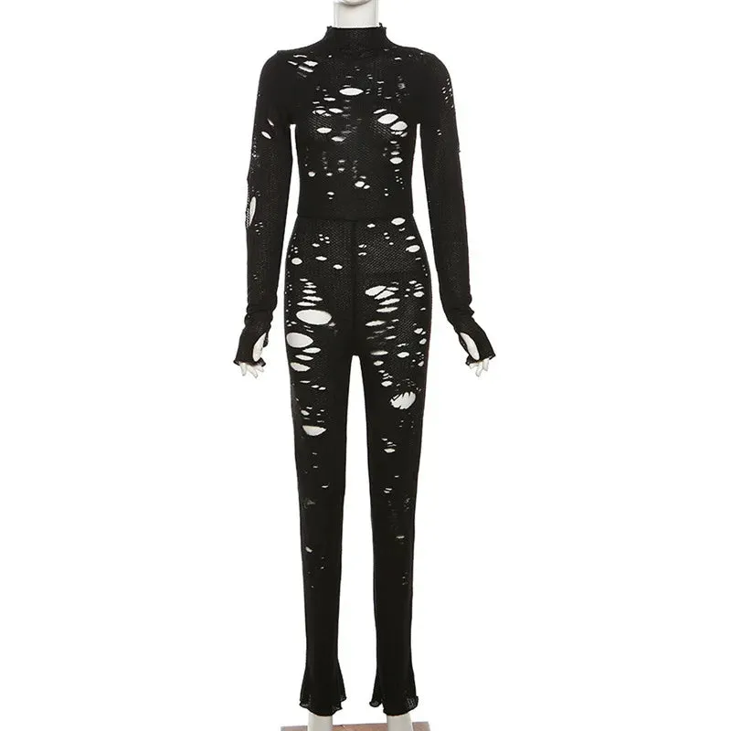 Women's Black Sexy Knitted Hollow Distressed Clubwear Jumpsuit