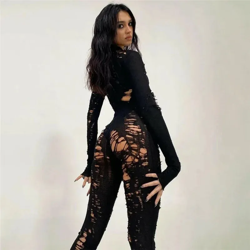 Women's Black Sexy Knitted Hollow Distressed Clubwear Jumpsuit