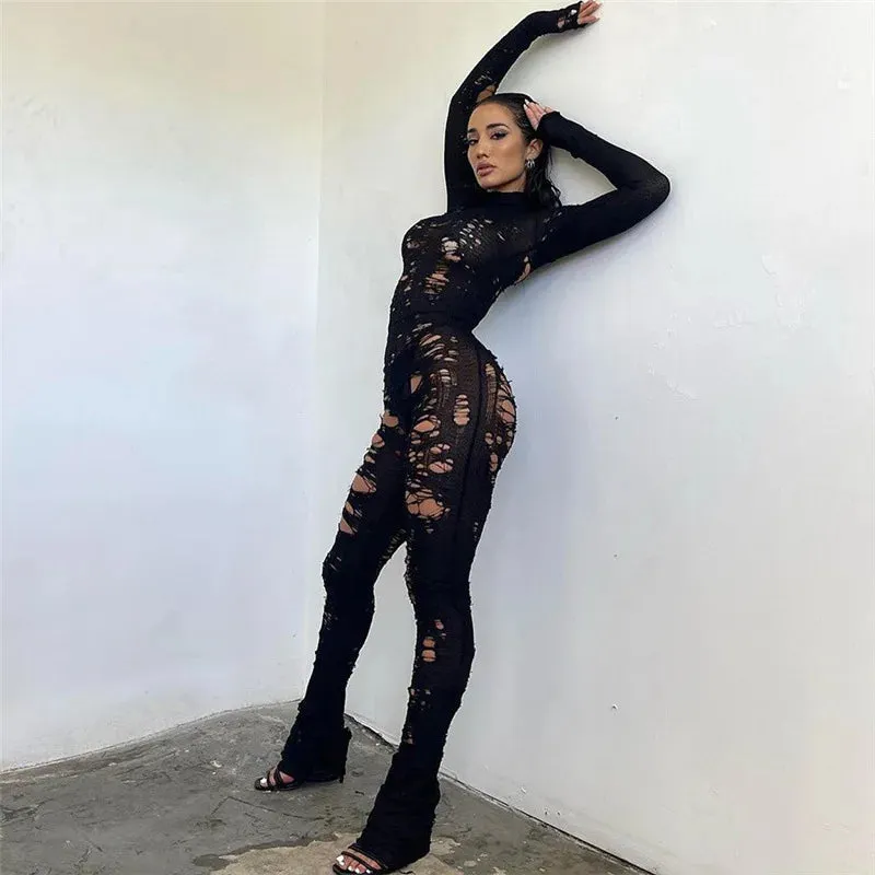 Women's Black Sexy Knitted Hollow Distressed Clubwear Jumpsuit