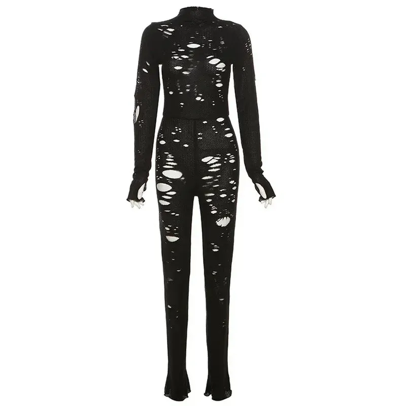 Women's Black Sexy Knitted Hollow Distressed Clubwear Jumpsuit