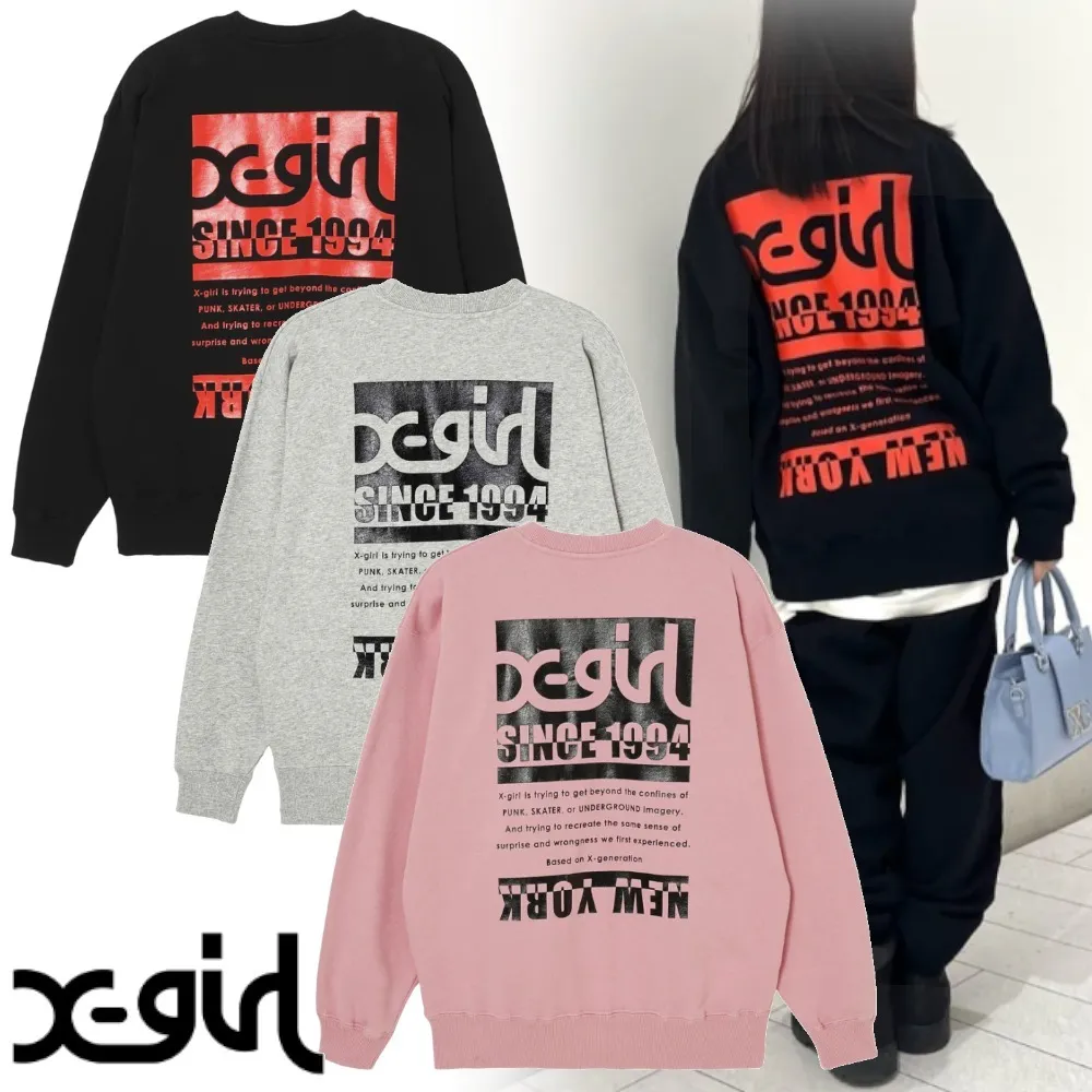 X-girl  |Unisex Sweat Street Style Long Sleeves Cotton Oversized Logo